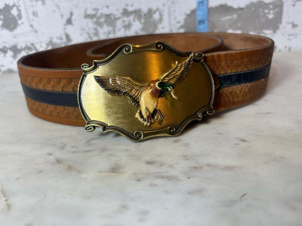 VTG 1980 Raintree Mallard Duck Belt Buckle Tooled Foksee Leather Belt Size 36